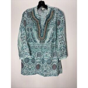 Charter Club Luxury  100% Linen Beaded V-Neck Gypsy Tunic Top Floral Boho Sz M